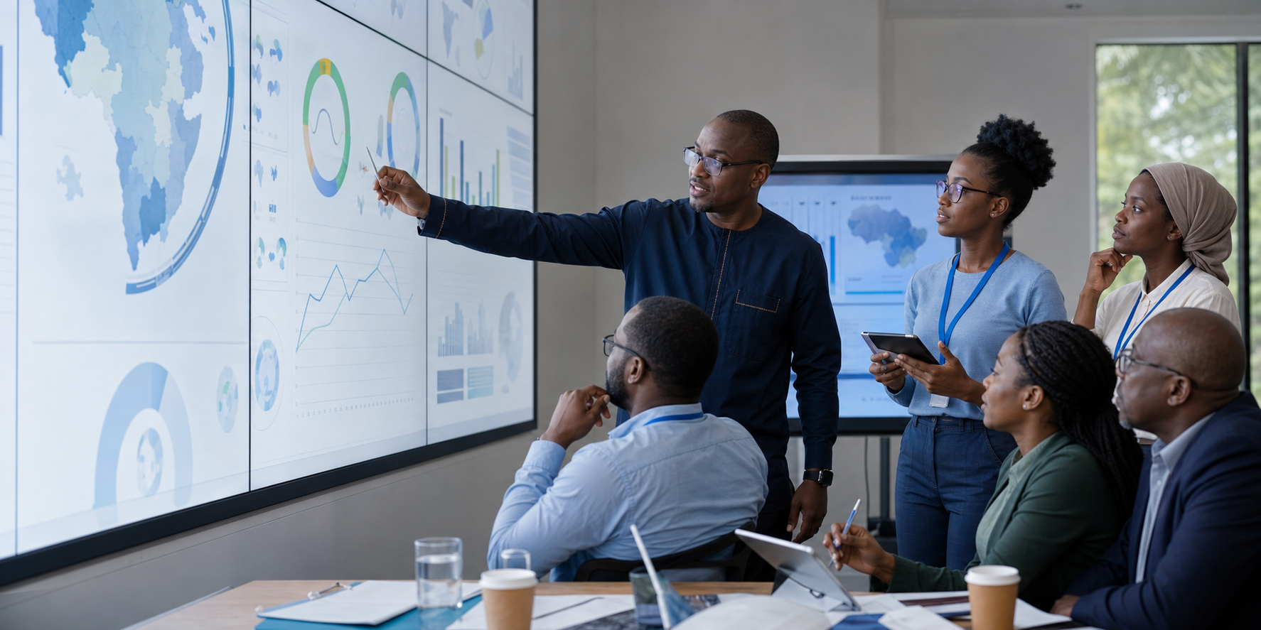 An African public health team reviewing privacy-safe population health dashboards